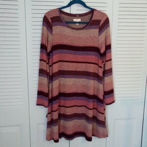 CUPIO BLUSH LARGE STRIPED SWEATER DRESS LONG SLEEVE KNEE LENGTH LACE SOFT FLARE